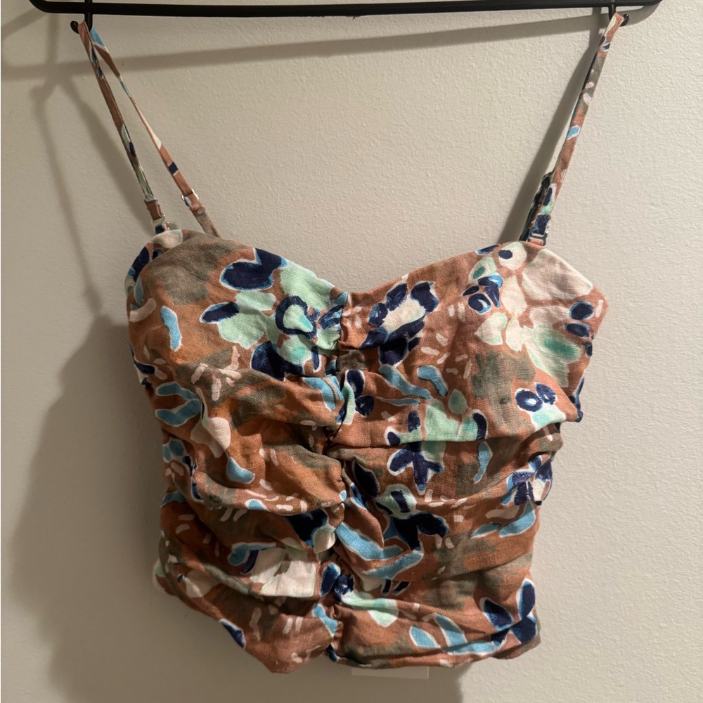 Aritzia Wilfred Brown and Blue Ruched Bustier Crop Top